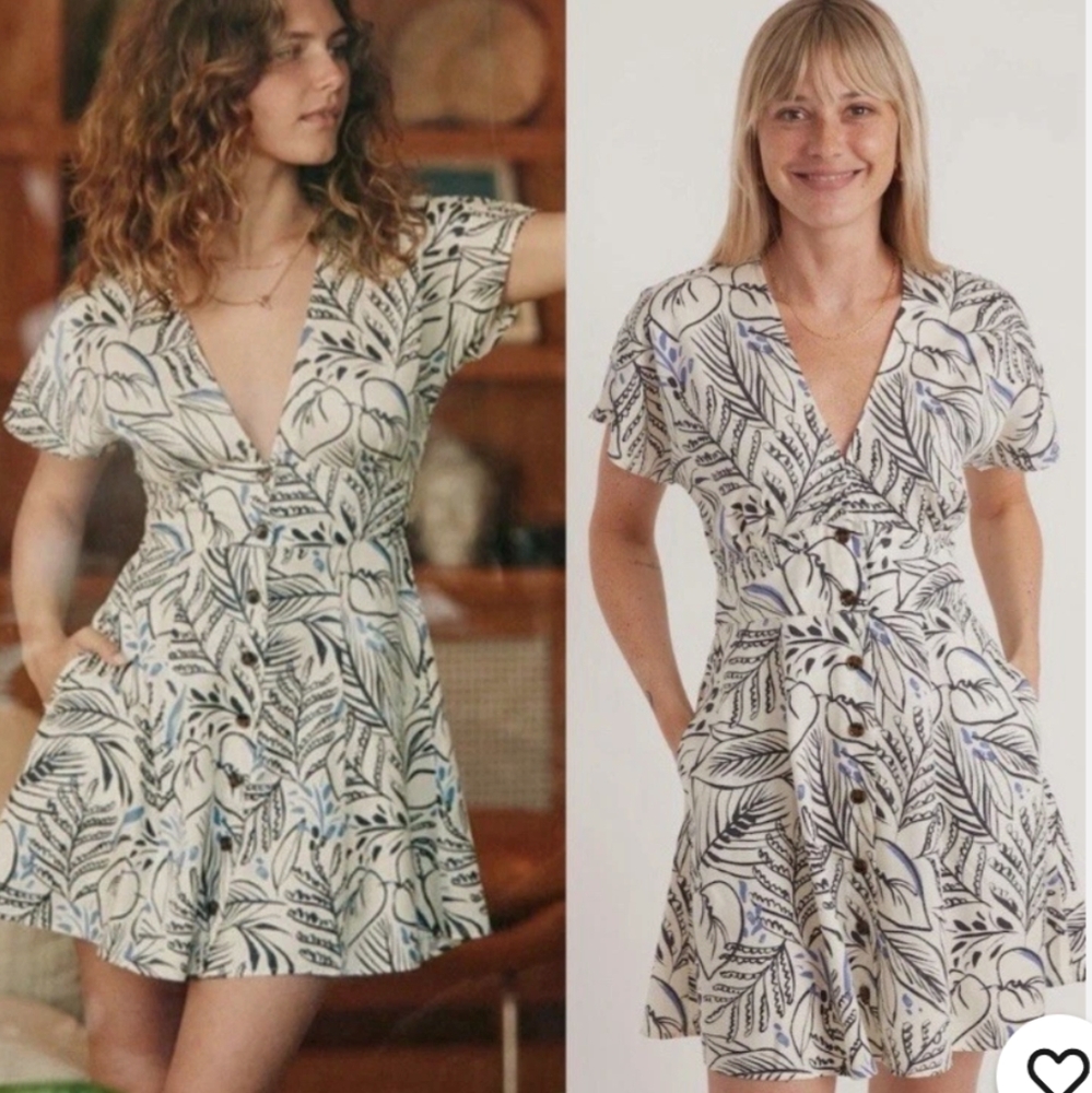 Marine Layer Cream Mini Dress with Blue and Black Leaf Motif